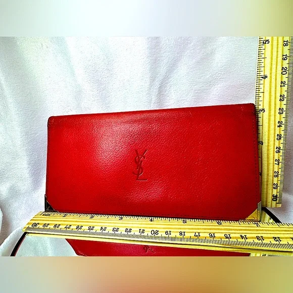 YSL Red Leather Wallet Monogram,Rare 80s Classic Yves Saint Laurent Vintage - Picture 10 of 14